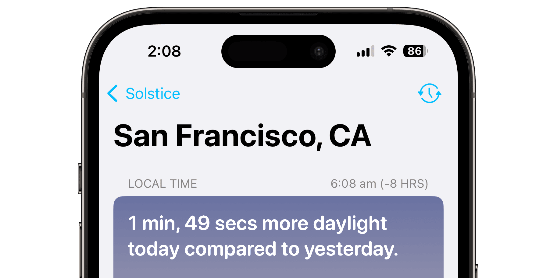 A zoomed in screenshot of Solstice's time zone indicator at the top of its detail view, showing San Francisco's local time, which is 8 hours behind London time.